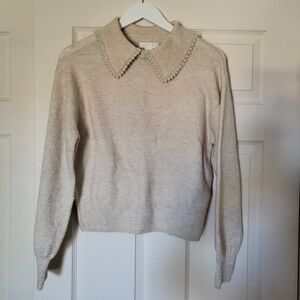 Cream Sweater with Pearl Collar